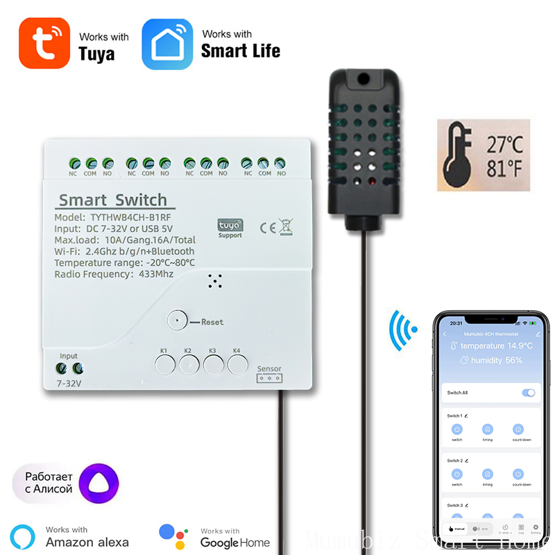Tuya 4 Channel - Tuya สมาร์ท 7-32V WiFi 4 ช่องรีเลย์อุณหภูมิความชื้นเซนเซอร์